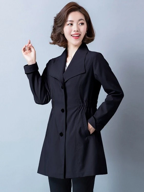 Primavera otoño nuevo abrigo de longitud media Sle prendas de vestir exteriores finas para madres de mediana edad 300 Pou Color puro cintura alta versión coreana