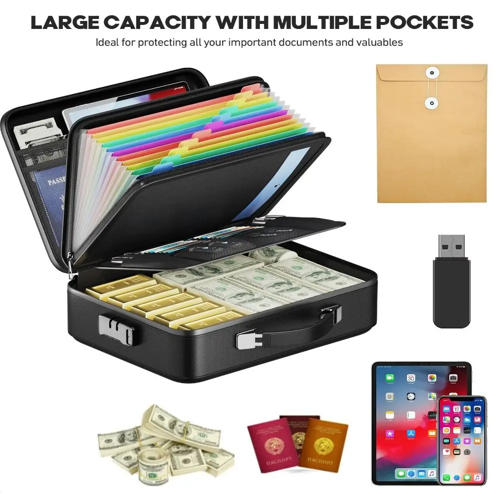 Hard-Shell Fireproof Document Box Fireproof Water Resistant Document Organizer Large Capacity Portable File Organizer