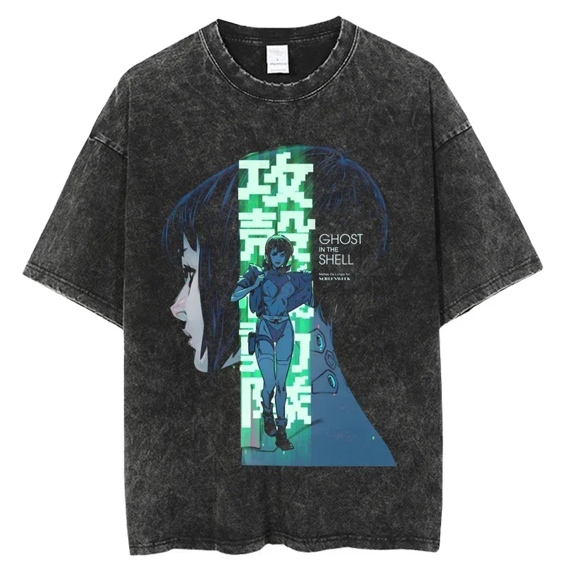 2025 Anime Ghost in the Shell Washed T-shirts Mens Clothing Graphic Manga Harajuku Tees Unisex Summer Top Male Streetwear