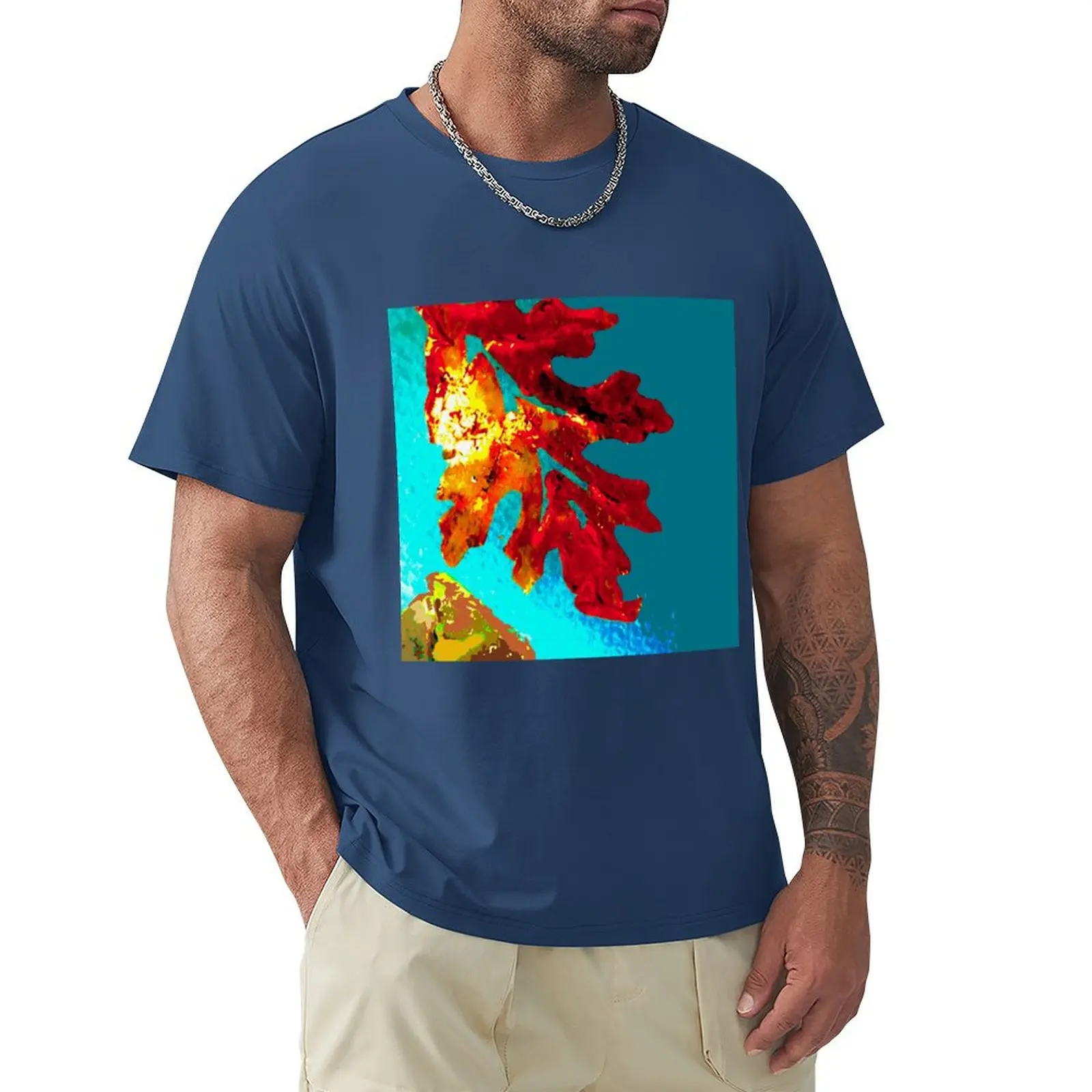 Flaming Orange Oak Leaf, acrylic painting digital Thanksgiving T-Shirt korean fashion tees cute clothes Men's t shirts