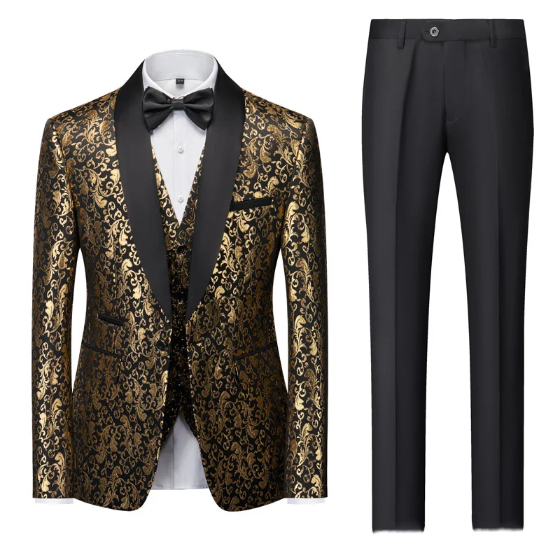 

KIDWHXR Мужской комплект из 3 предметов, однобортный пиджак с лоскутным принтом, мужской жилет с v-образным вырезом, прямые брюки, мужской тонкий костюм, наряд