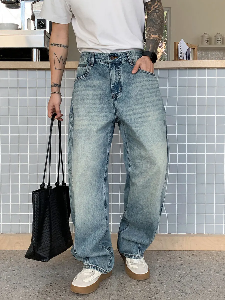

Retro American Design Washed Blue Men's Wide Leg Jeans Loose Texture Knife Fashionable Casual Cotton Polyester Blend