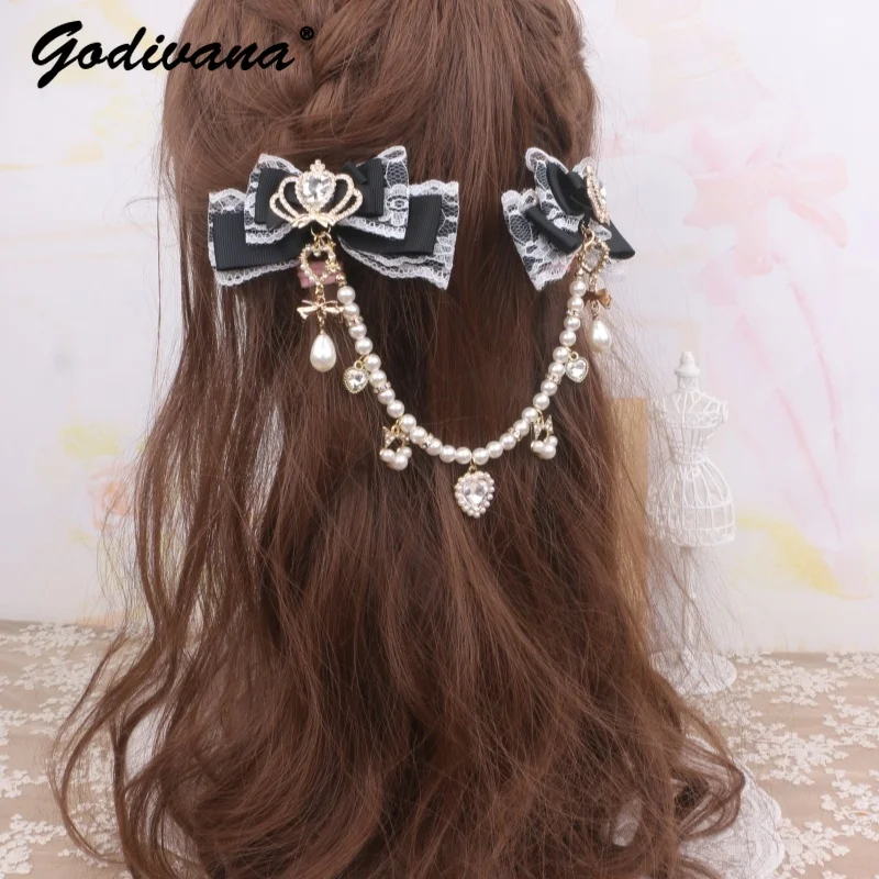 

Handmade Japanese Sweet Lace Edge Headdress Female Girls Lolita Big Bow Crown Pendant Beaded Hair Clip Hair Clips