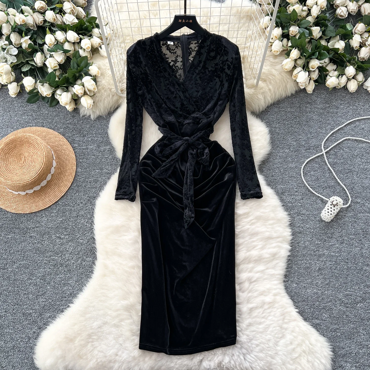 Vintage V-neck Elegant Long Sleeves Chic Flocking Print Spliced Velvet Slim Bandage Dresses Evening High Street Winter Clothing