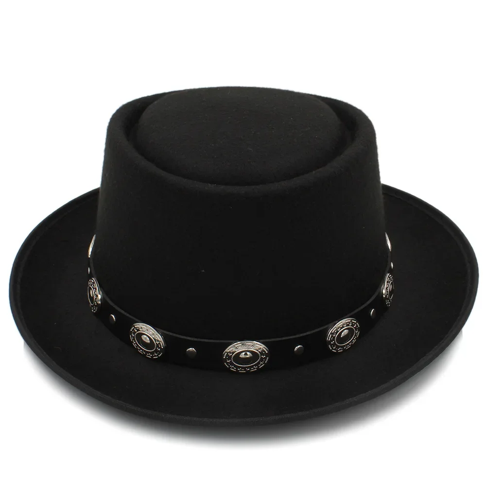 Women Men Pork Pie Hat Dad Wool Flat Fedora Hat For Lady Gentleman Gambler Boater Trilby Hat Hat Size 58CM