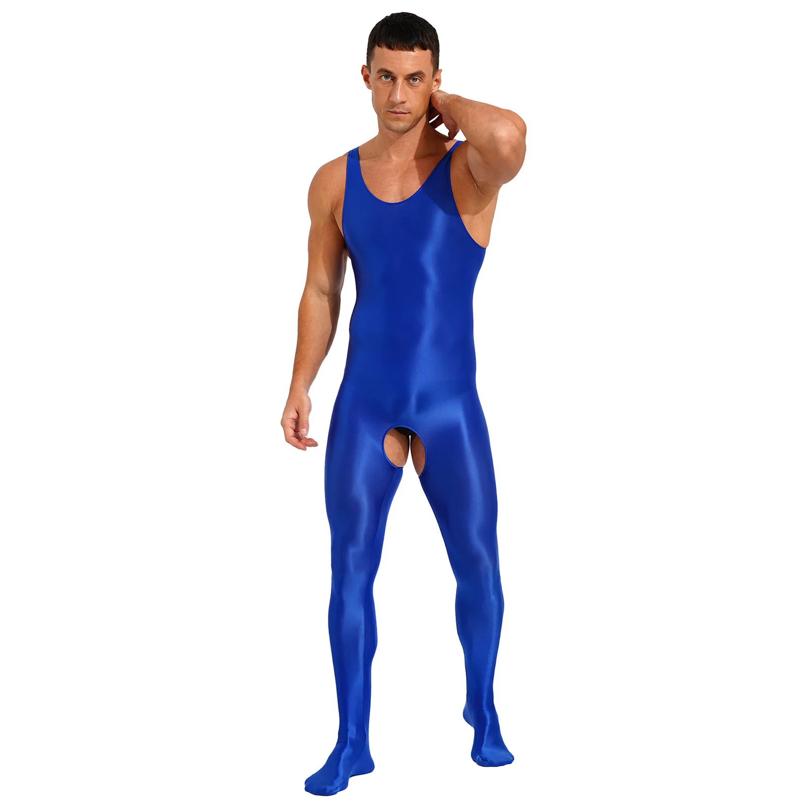 Mens Lingerie Crotchless Full Body Bodysuit Glossy Oilly Shiny Smooth Stretchy Sleeveless U Neck Open Crotch Footed Jumpsuit