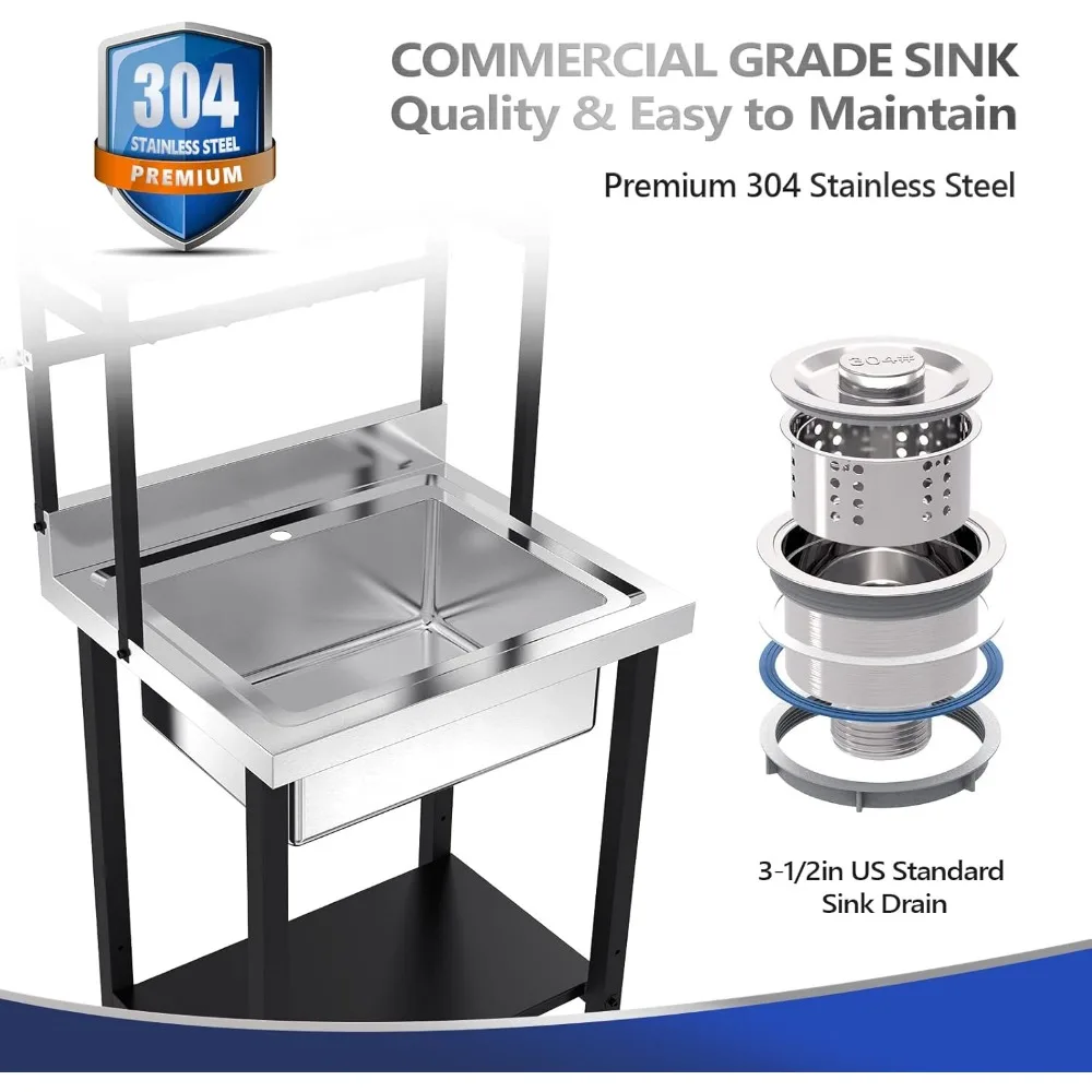 Pia comercial de aço inoxidável 304 de 67 "h com prateleiras ajustáveis e haste de suspensão com ganchos, pia utilitária independente para