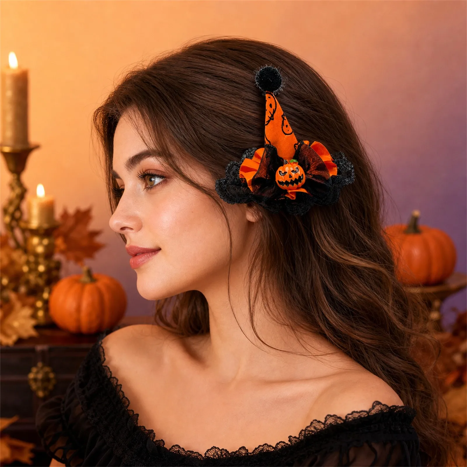 Halloween Mini Witch Hat Hair Clip Pumpkin Bat Wing Pom Lace Mesh Hair Barrettes Women Costume Cosplay Party Cute Gift Set