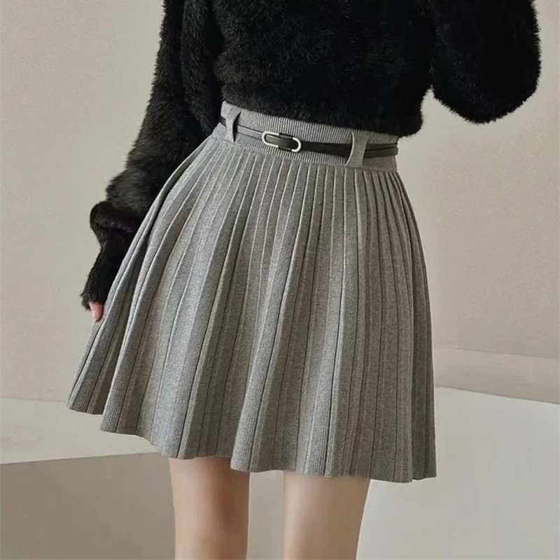 Autumn Winter Knitted Pleated Skirts Women Elegant Korean Fashion High Waist A-Line Skirts Ladies Streetwear Gray Mini Skirt