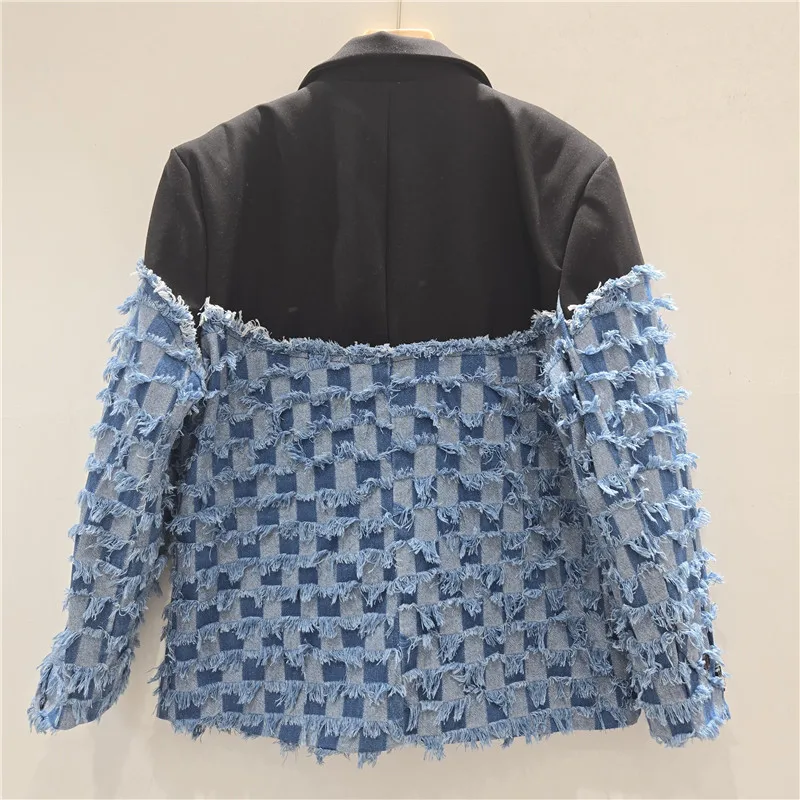 Mode gerafelde bramen geruit jasje losse casual gekerfde kraag contrasterende kleur denim lange mouwen stiksels dames blazers jas