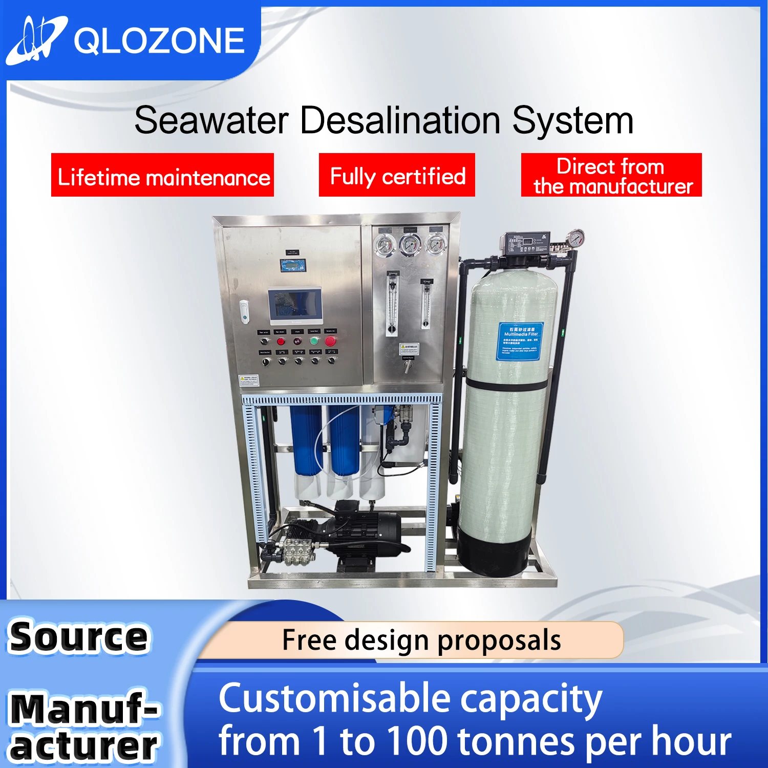 Island Villas 500LPH Seawater Desalination System with Pump Motor for Ships Drinking Water Purification 1 Year Warranty