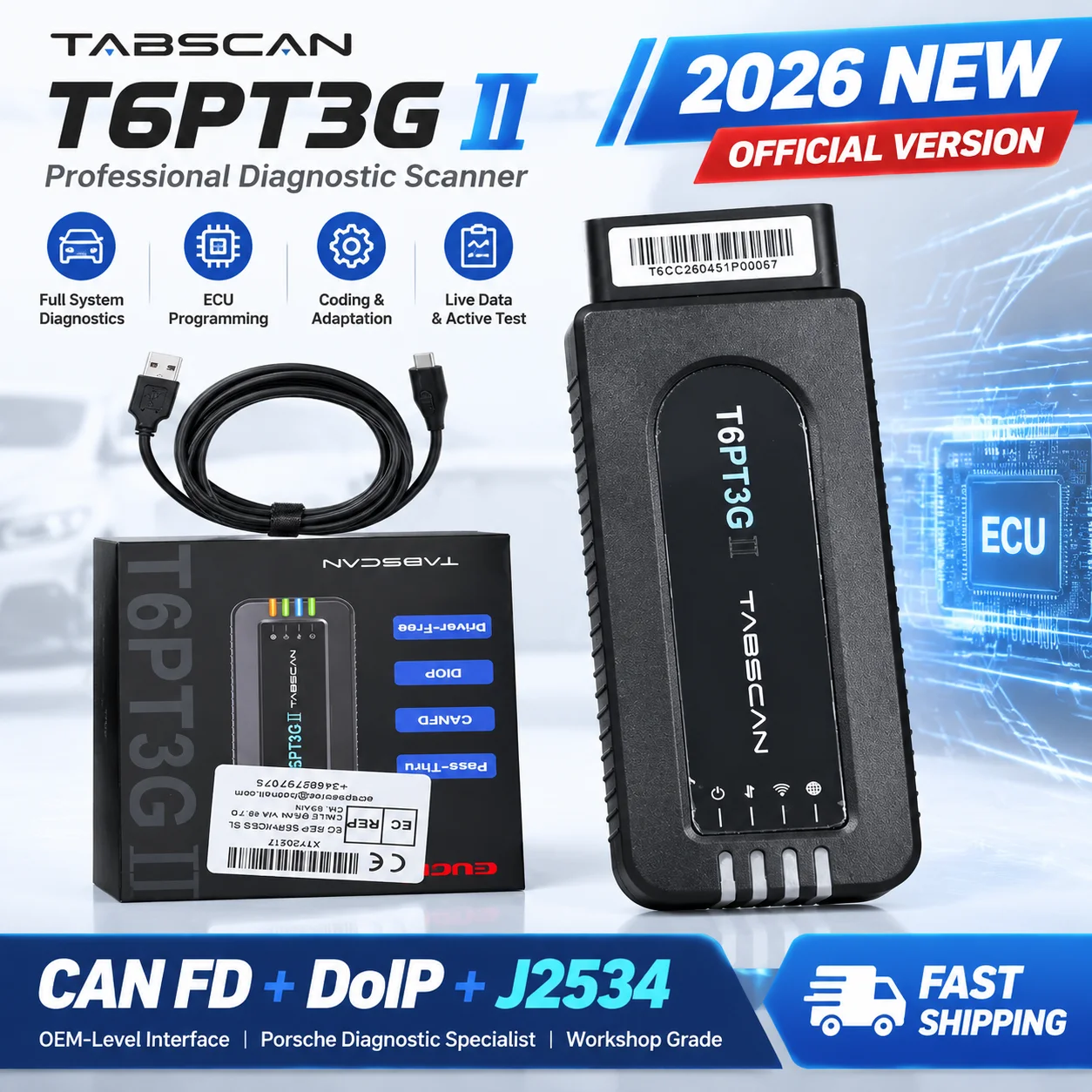 TabScan T6PT3G II OBD2 Scanner Car Diagnostic Tool for Piwis 3 CANFD DoIP J2534 Professional Automotive ECU Coding UpgradeT6PT3G