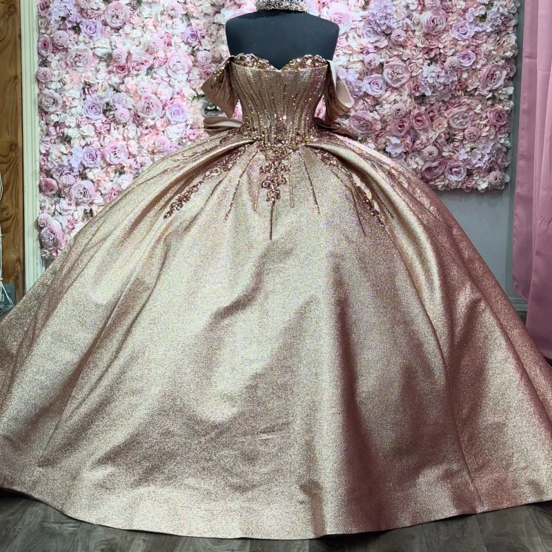 

Gold Shiny Quinceanera Dresses Off The Shoulder Beading Crystal Lace Bow Party Birthday Ball Gown Sweet 16 Dress Vestidos 15 De