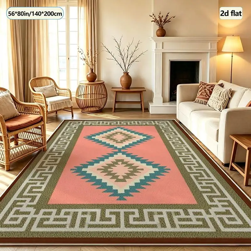 Bohemian Style Southwest Geometric Double Diamond-Shaped Carpet Non-Slip Carpet Soft Indoor Living Room Bedroom Home Floor Mat
