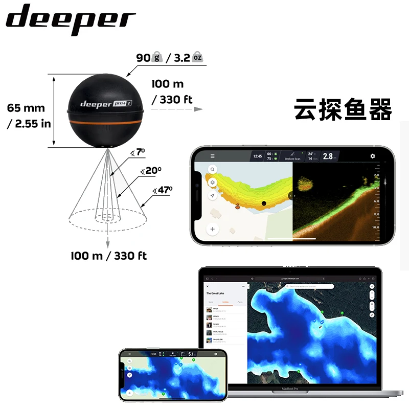 DEEPER Smart Sonar Chirp+3 + Remote Control Bait Boat with CHIRP Sonar Fish Finder GPS Positioning Auto Return 500m Range