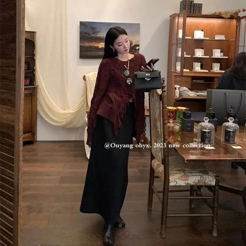 กระโปรงยาวแฟชั่นเกาหลี ฤดูใบไม้ร่วง ฤดูหนาว เอวสูง สีพื้น เรียบง่าย สไตล์ลำลอง พร้อมเข็มขัดสีดำ ผ้าขนสัตว์ กระโปรงทรงตรง รุ่น Y2k