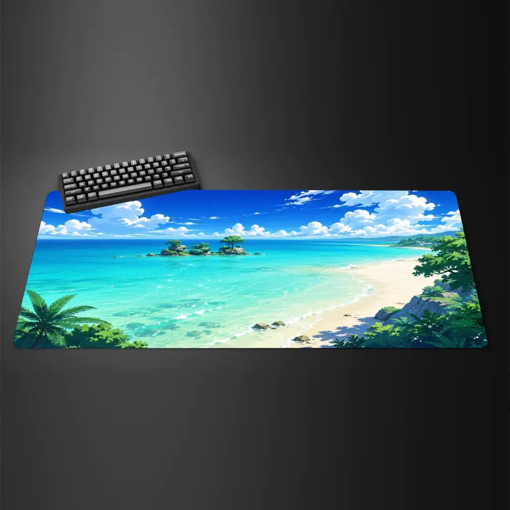 Vintage Oil Painting Beach Sunset Large Mouse Pad Ocean Sea Wave Island Scenery Art Desk Mat for Gaming Home Office Desktop