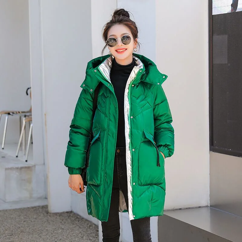 

Winter New Style Hooded Mid-Length Jackets For Female High Street Loose Big Pockets Casual Puffer Cotton-Padded Solid Overcoats