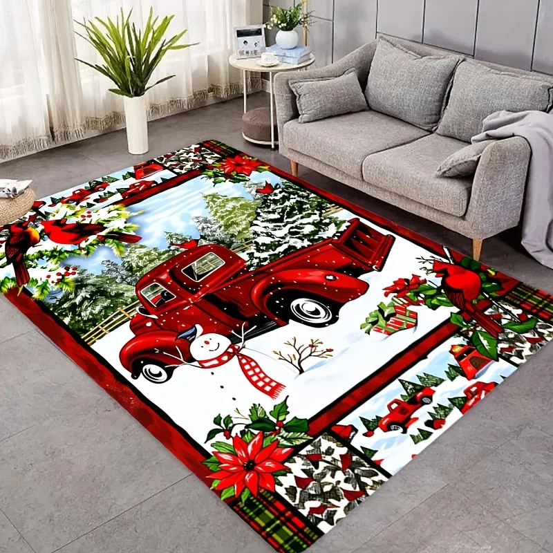 VIKAMA Christmas Red Truck Area Rug Vintage Pickup Snowman Cardinal Bird Pine Poinsettia Plaid Border Print Non-Slip Floor Mat