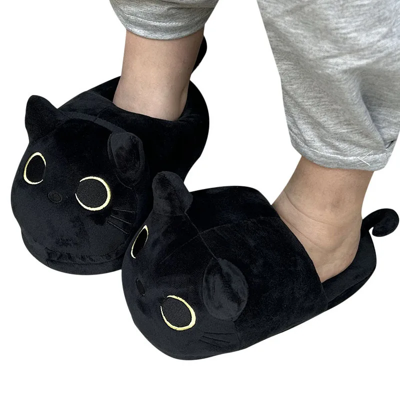 Cartoon Full Covered Cat Slippers Warm Winter Slides Soft Plush Doll Indoor Cute Anime Bedroom Shoes For Man Woman Home Use