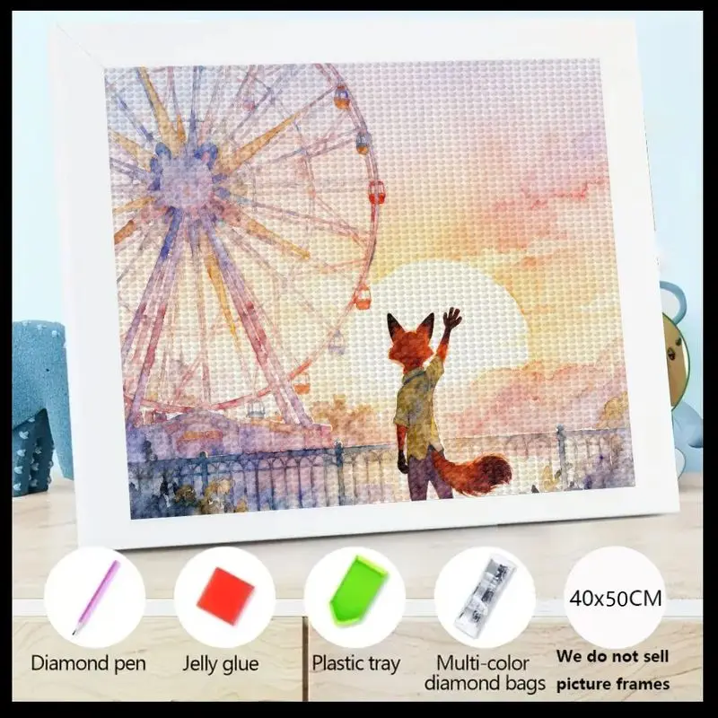 

1PC 5D DIY Full Drill Diamond Painting Kit, Charming Fox Waving at Sunset Ferris Wheel Scene, Crystal Rhinestone Embroidery Art