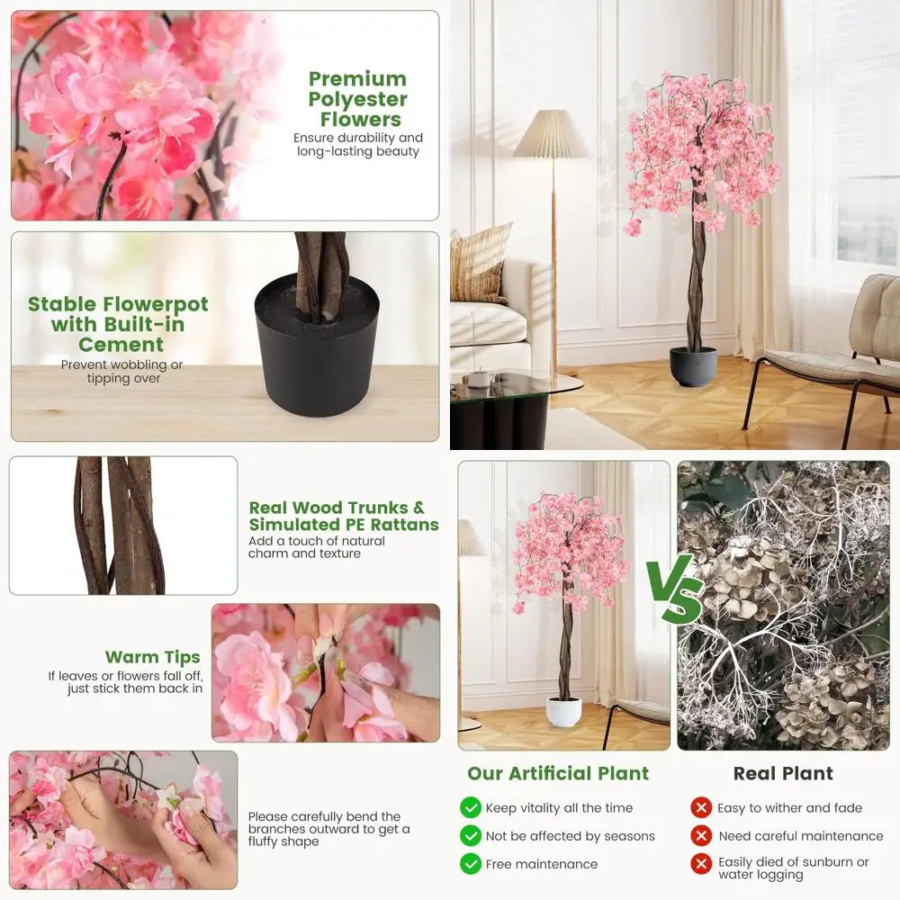 

Набор из 2 искусственных вишневых деревьев высотой 5,5 футов (розовые) с горшками для декора внутри и снаружи помещений