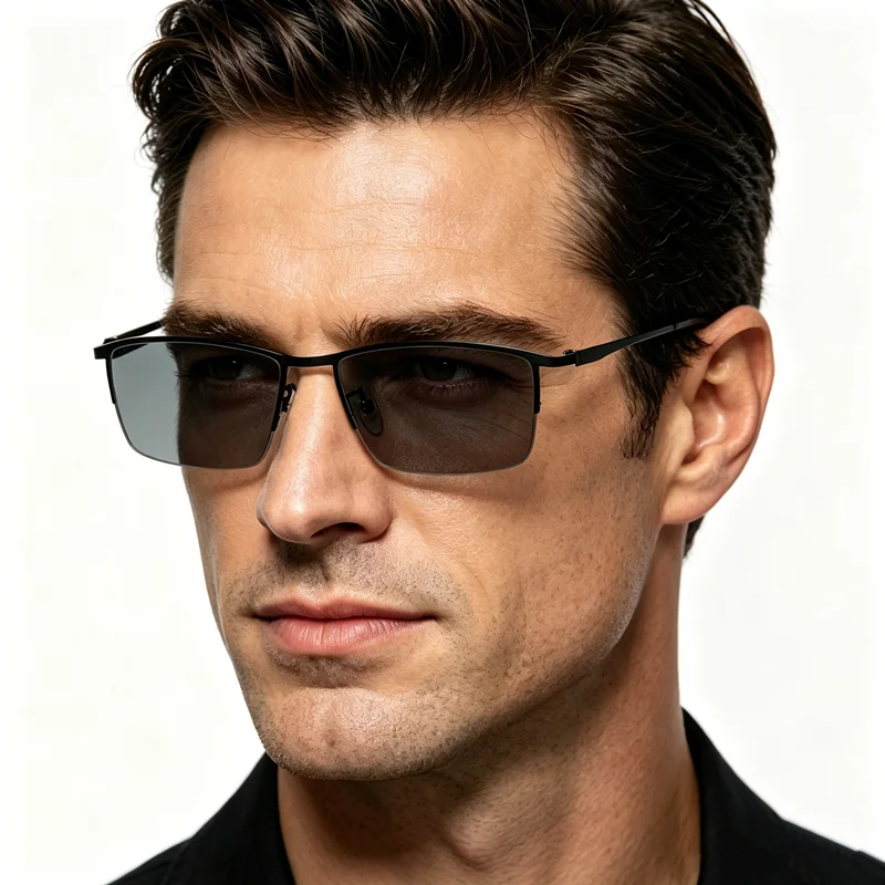 Myopia Glasses, Photochromic Non Spherical Resin Lenses, Men's Half Frame Full Frame Glasses Frame, 0-Degree, Myopia