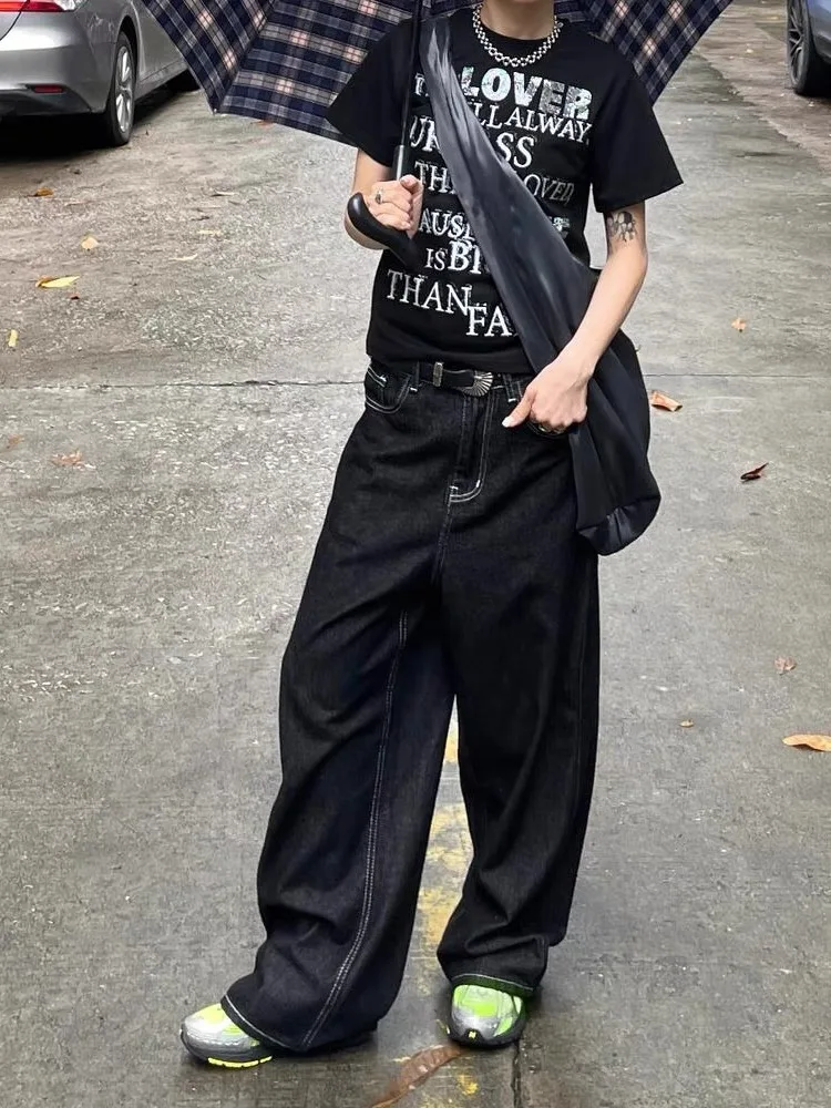 HOUZHOU Vintage ricamo Jeans neri donna oversize Streetwear Grunge Y2k pantaloni larghi in Denim Boyfriend Jeans Hip Hop Gothic