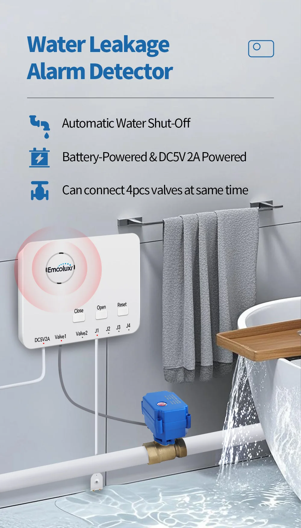 Detector de fugas inteligente con cable: evita daños por agua costosamente, función de autocontrol de forma segura, funciona con enchufe de baterías con válvula y sensor
