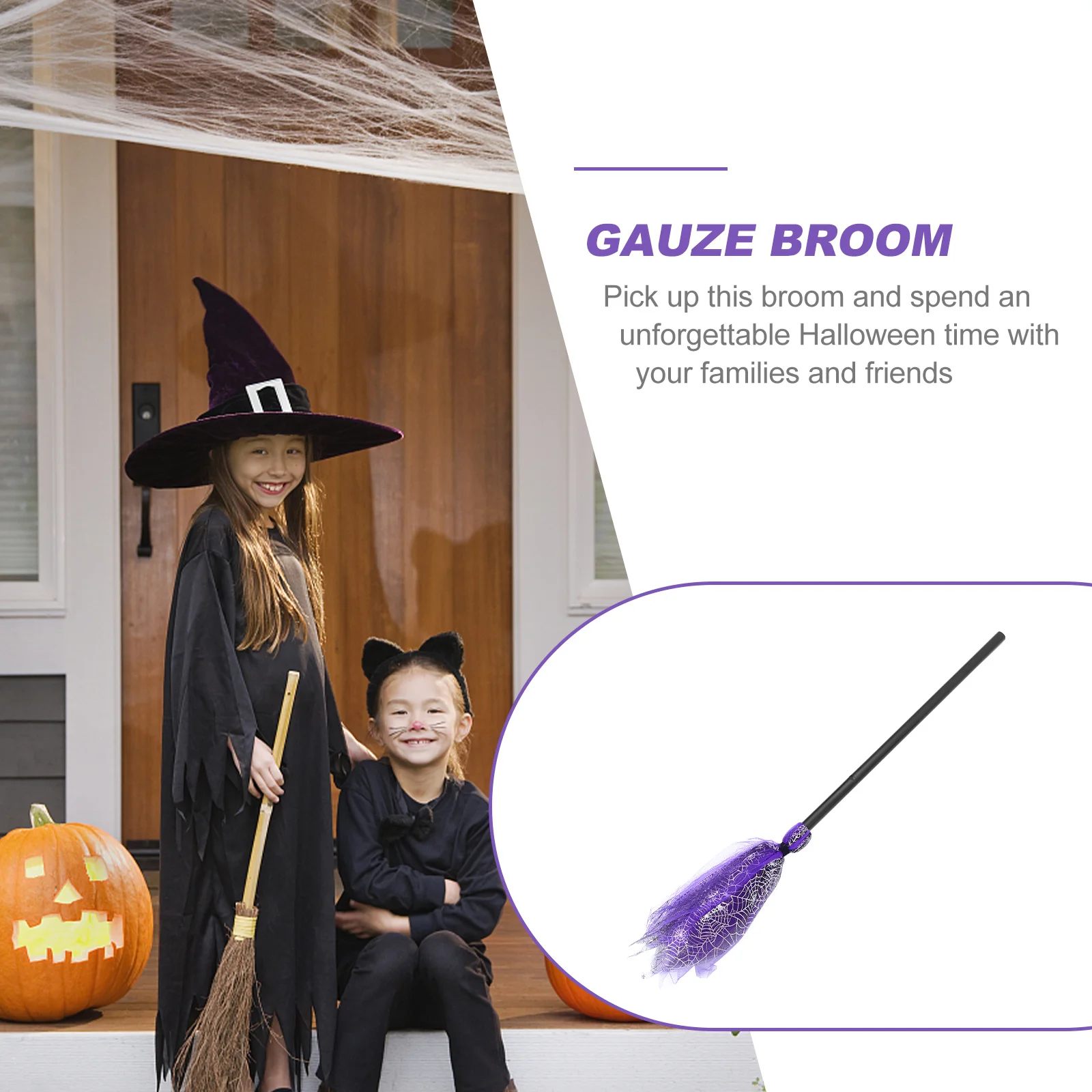 Kids Toys Spider Web Yarn Broom Halloween Supplies Aldult Gauze Besom Purple Party Prop Child