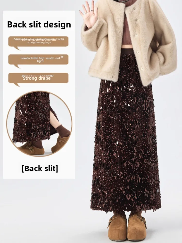 Spódnica z cekinami i frędzlami, damska, z wysokim stanem, o kroju litery A, prosty krój, z rozcięciem, łatwa w noszeniu, zimowa moda, spódnica damska.