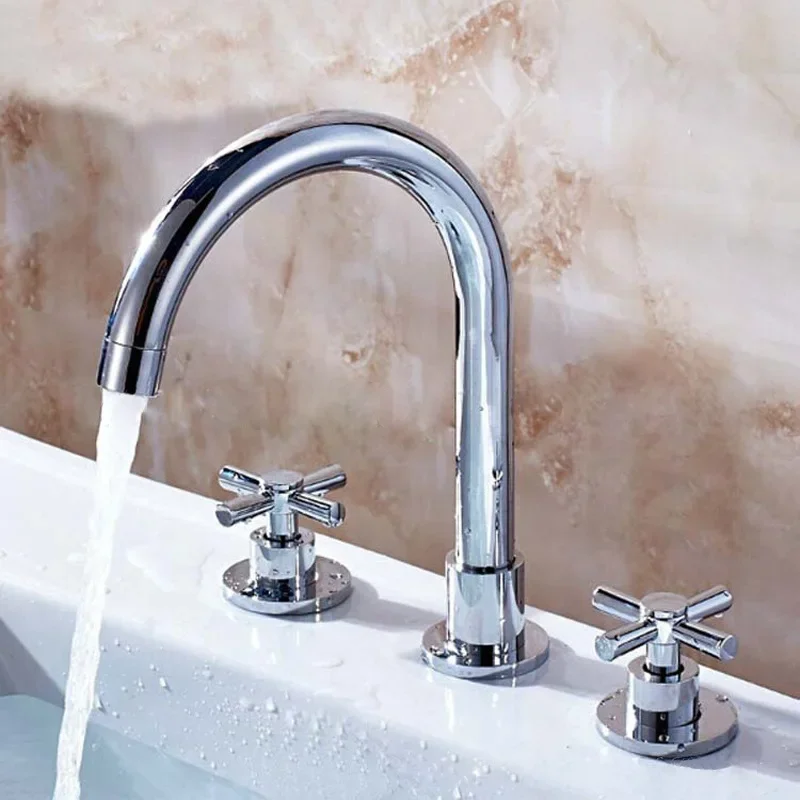 Three-piece split basin hot and cold faucet, brass double handle three-hole bathtub basin mixed faucet
