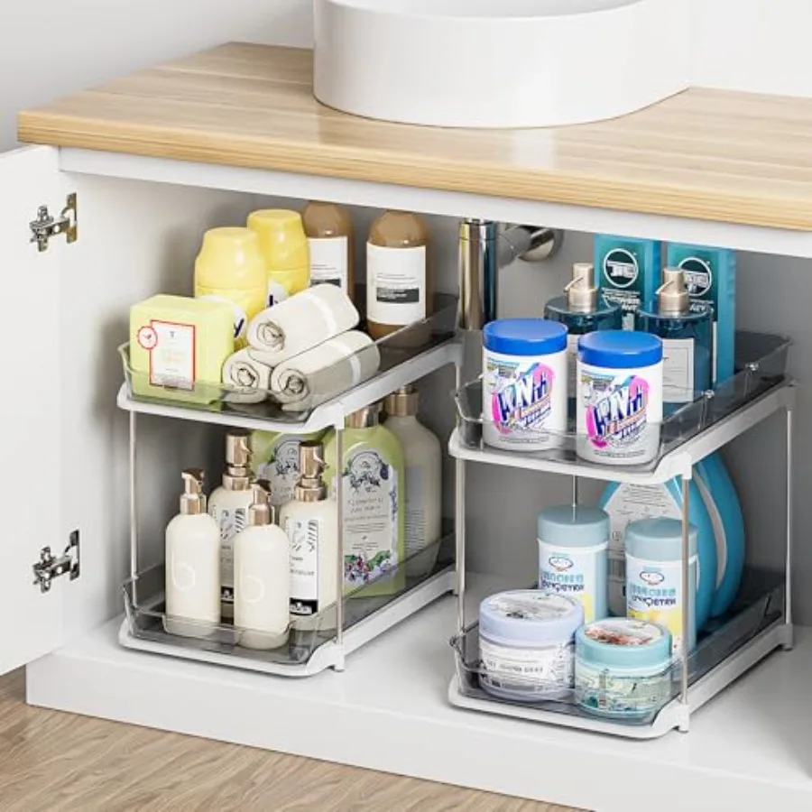 

2-Tier Multi-Purpose Bathroom Under Sink Organizers and Storage, Stackable Kitchen Pantry Organization, Pull Out Medicine Cabin