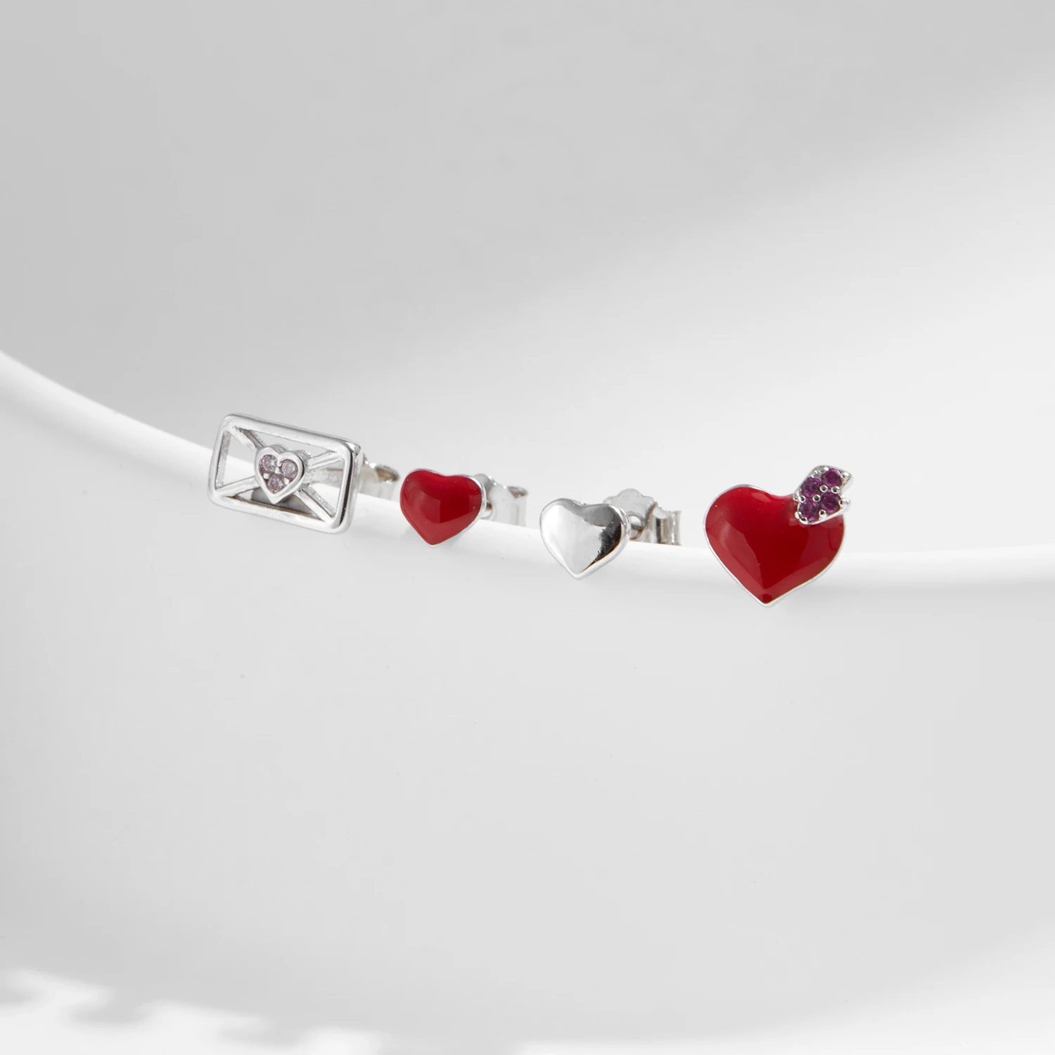 MODIAN 4 SZTUK 925 Sterling Silver Sweet Red & Mirror Heart Love Letter Tiny Earrings Zestaw dla kobiet Drobna biżuteria Prezenty rocznicowe — zdjęcie 6