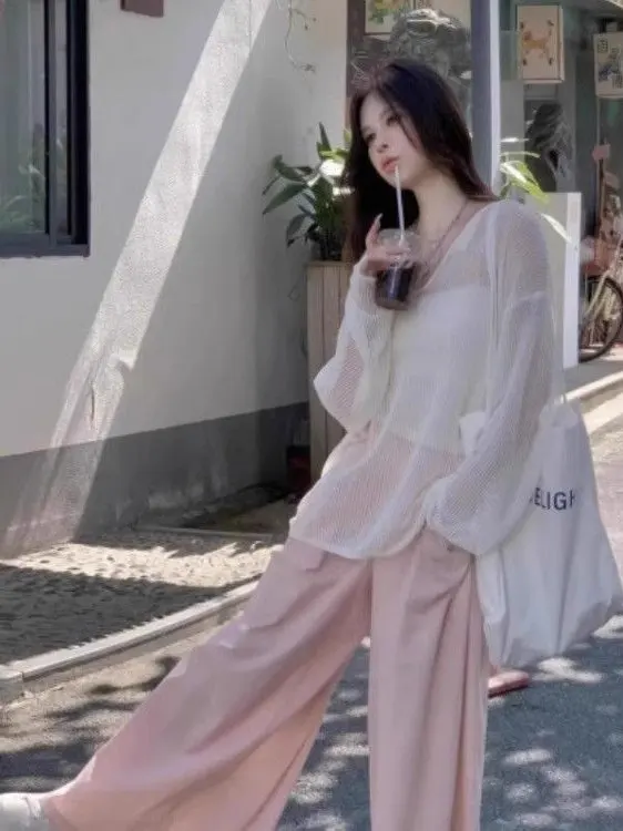 

Корейский комплект футболок с защитой от солнца, женские розовые брюки, внутренняя одежда, летняя одежда Vaion Faion, комбинированный комплект