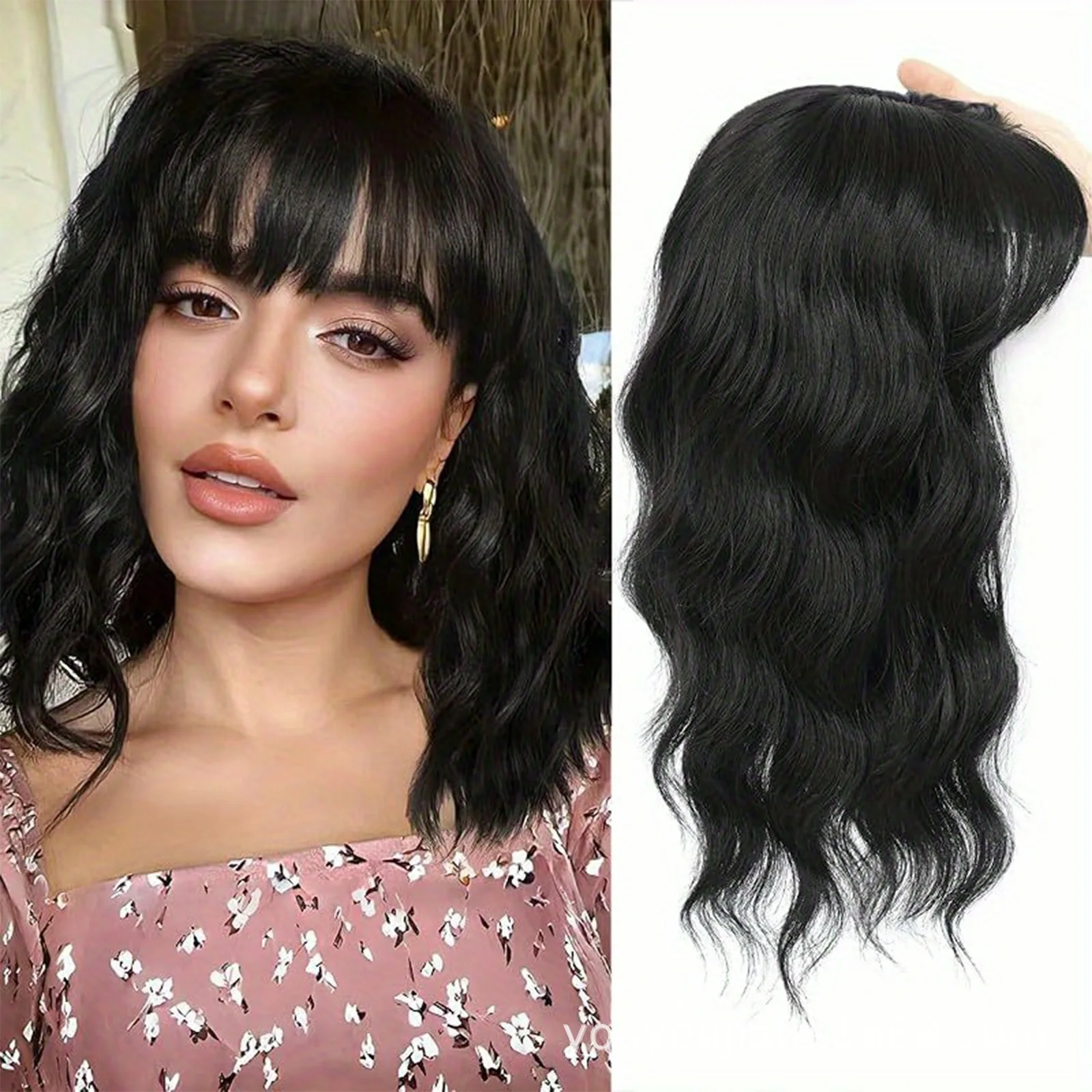 14 Inch Wavy Clip In Hair Topper with Bangs  Hair Toppers Brown Synthetic Heat Resistant Topper