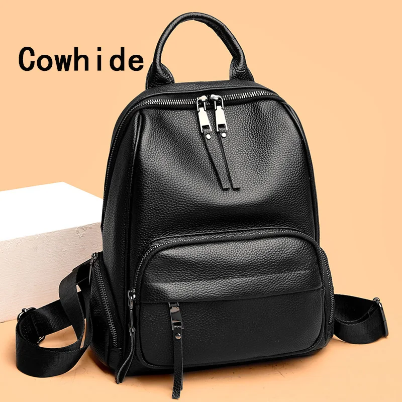Cowhide Female Shoulder Backpack High-Capacity Ladies 2023 Women\'s School Travel Bag Fashion For Girls Shoulder Bags Black