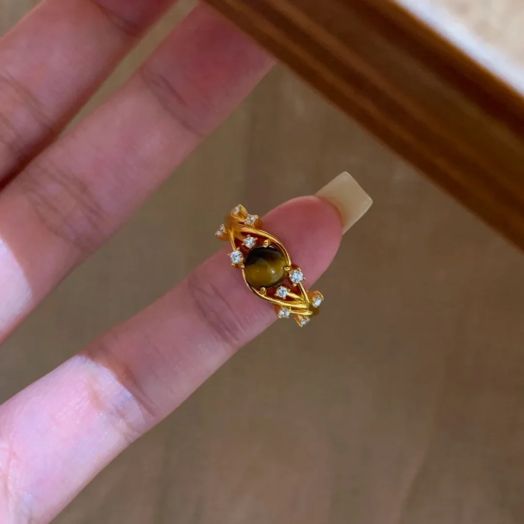 925 Sterling Silver Retro Tiger Eye Ring Luxury Premium Tiger Eye Index Finger Ring for Women Stylish Sophisticated Jewelry