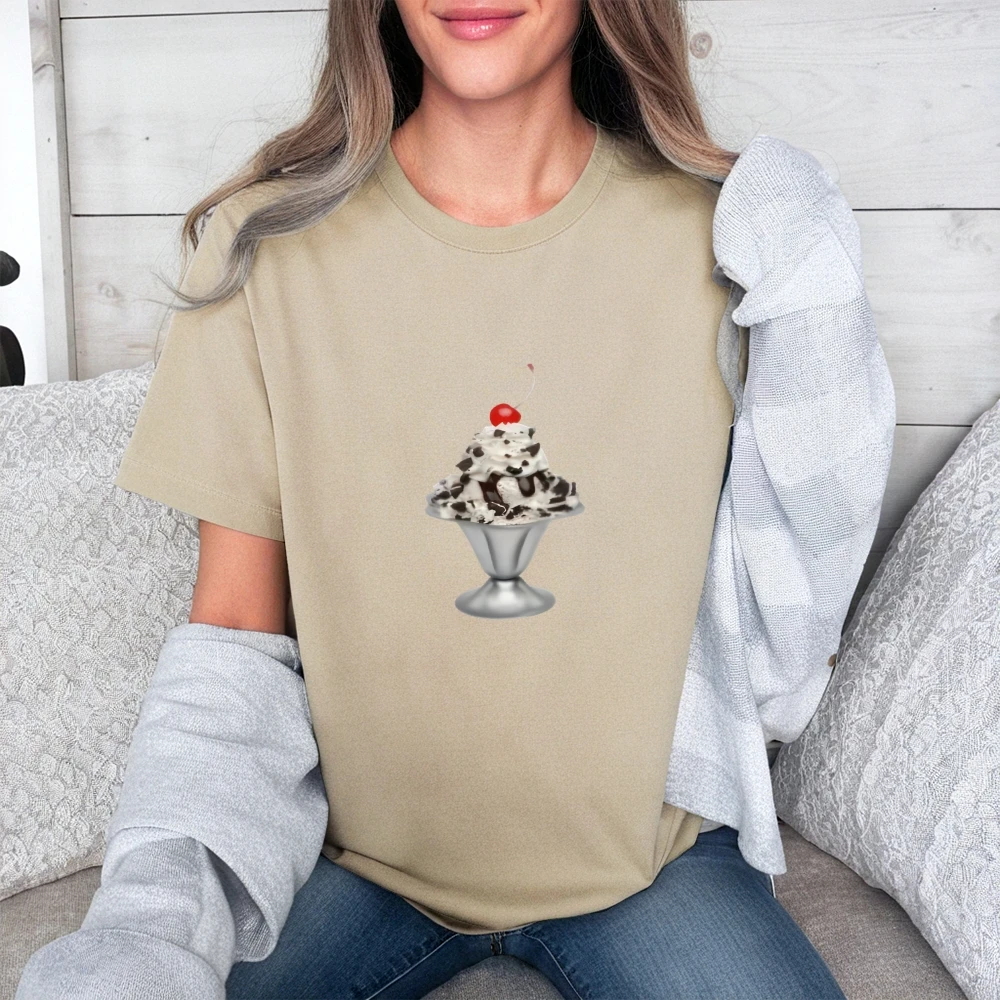 

Women's Casual Cotton Tee Ice Cream Sundae GraphicY2K Sweet Flair Beige Loose TopTrendy ComfortSoft Cotton