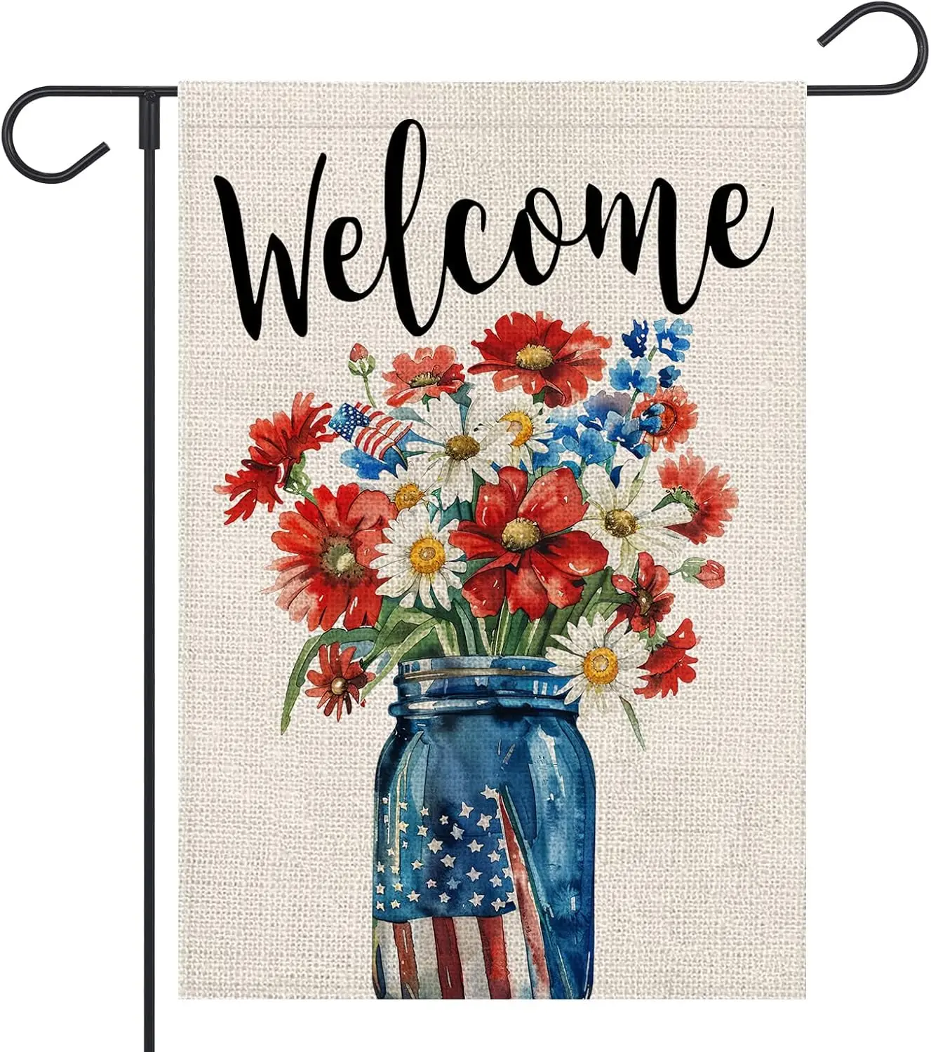 Memorial Day 4th of July Garden Flag 12x18 Inch Double Sided Outside Burlap Red Blue Mason Jar Floral USA Flag Patriotic Ind LLG