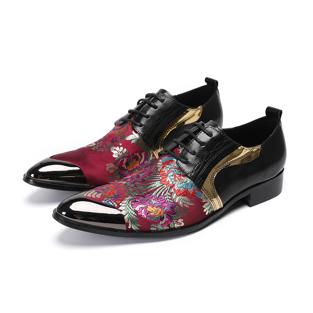 Fashion Metal Pointed Toe Floral Genuine Leather Dress Shoes for Men Plus Size Prom Party Oxford Shoes Male Lace Up Brogue Shoes