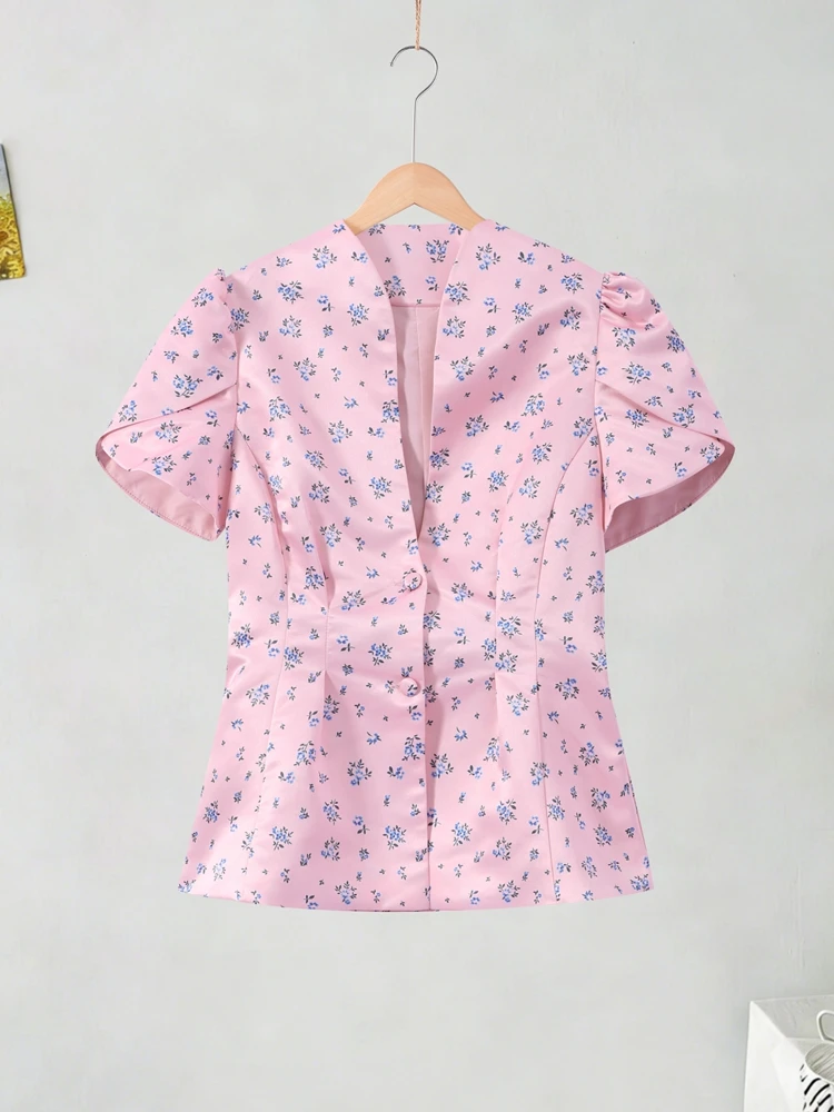 Bedruckte Kurzarm-Jacke mit Taillenschnürung für Damen, Eleganter Stehkragen, Einreihig mit Rüschen, Schlanke Passform, Neue Oberbekleidung – Detail 2