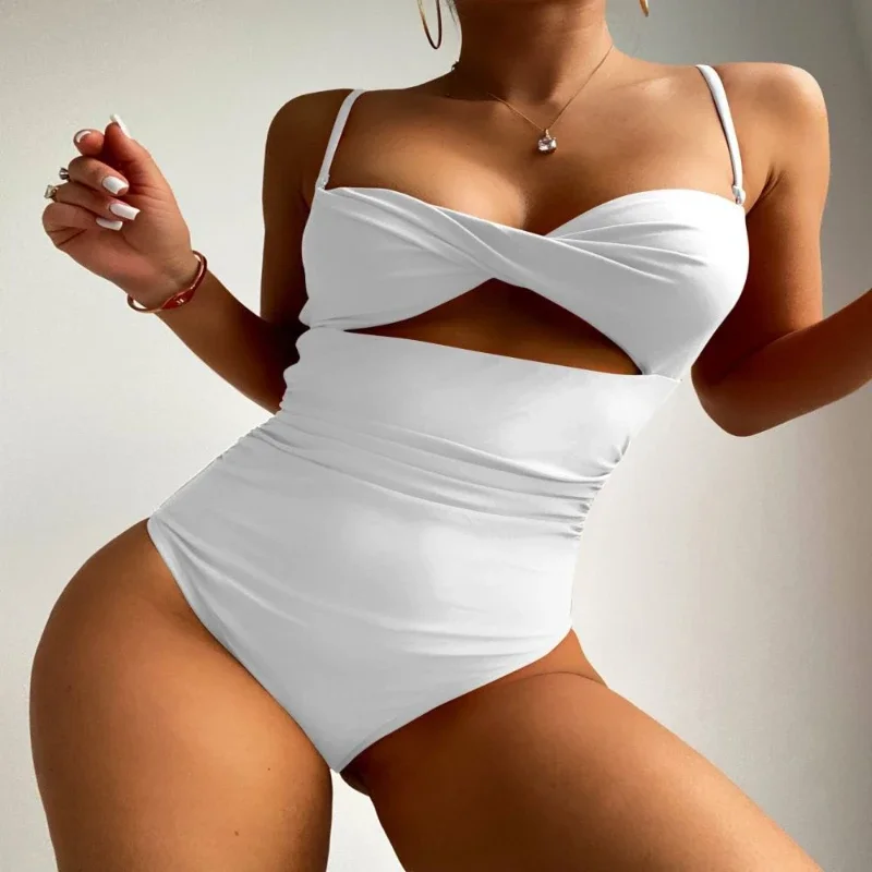 2024 Bikini Women's One-piece High Waist Swimsuit Sexy Sling Backless Bikini Solid Hollow Back Buckle SwimsuitsThong Bikini