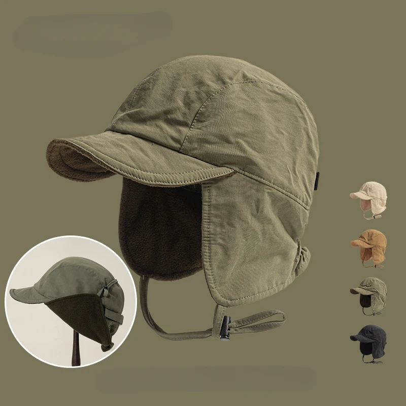 Gorros con protección para los oídos para montar a prueba de viento para hombres y mujeres, gorro de piloto de terciopelo de Color sólido impermeable de secado rápido japonés, gorro cálido para invierno