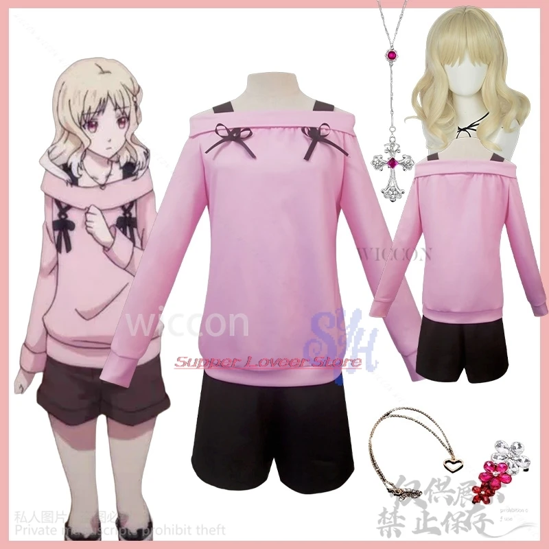 

Комори Юи Косплей Аниме DIABOLKK LOVER Костюм Kawaii Японские девушки Розовый свитшот с открытыми плечами Брюки Парики Хэллоуин Cos