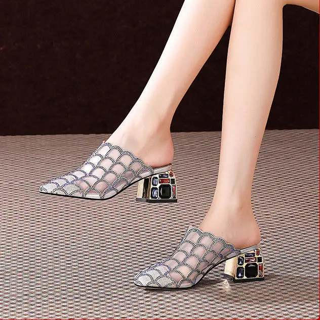 Crystal Half Slippers Female Thick Heels 2023 New Summer Fashion Outside Wear Medium Heel Mesh Cool Female Soft  Baotou Sandals