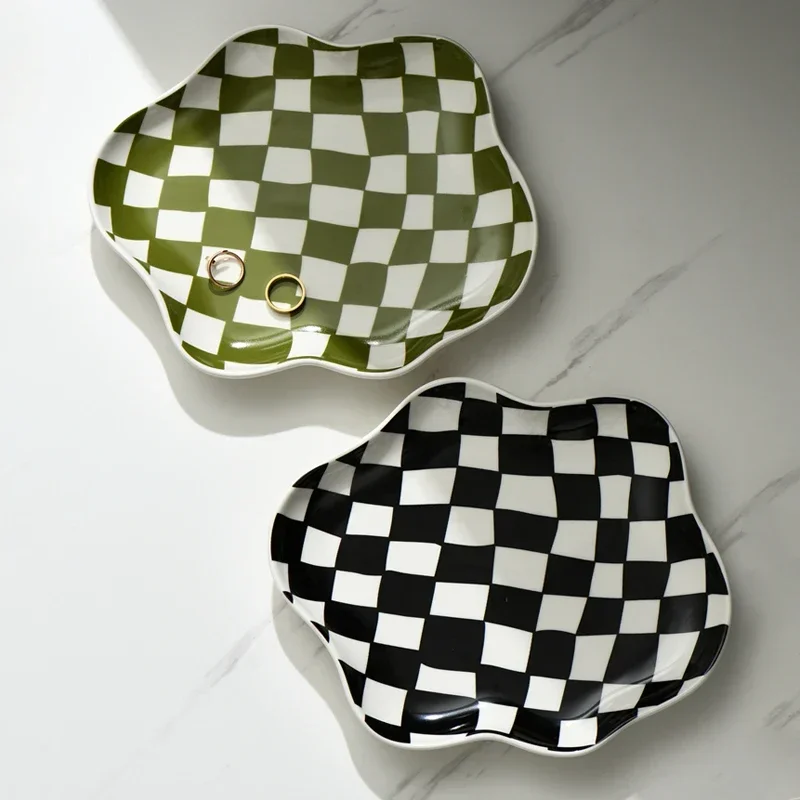 Nordic Chessboard Ceramic Plate Irregular Black and White Lattice Storage Tray Home Decoration Kitchen Supplies Retro Tableware