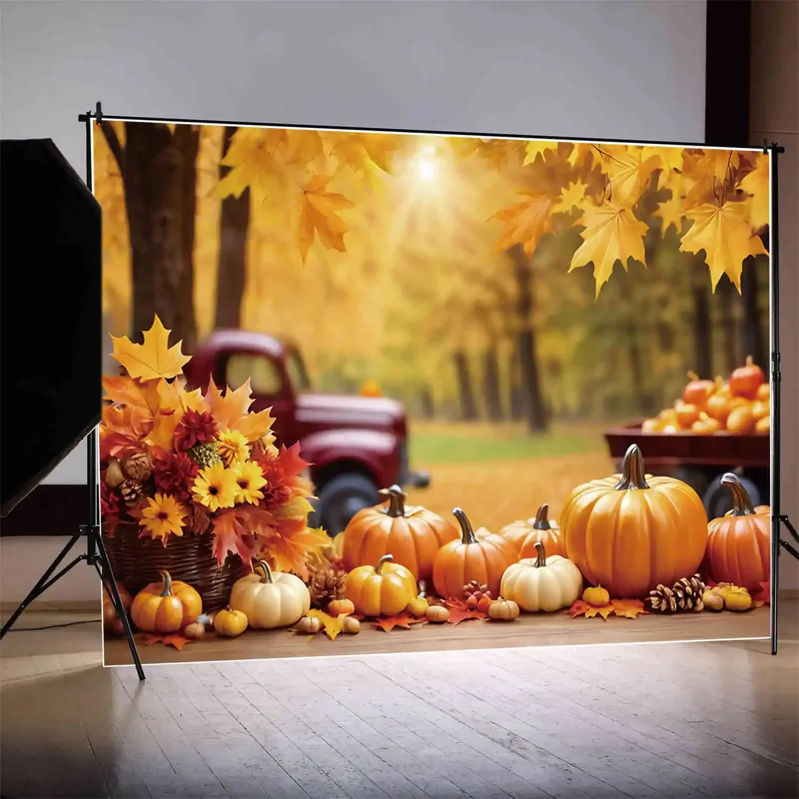 Autumn Thanksgiving Photography Studio Background Farm Pumpkin Truck Maple Leaves Party Photo Backdrop Birthday Decor Back Drop