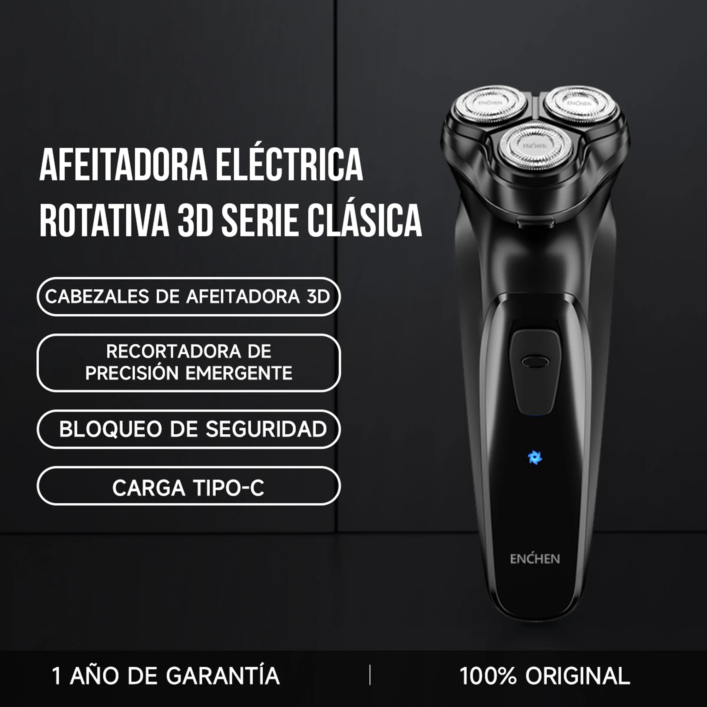 Afeitadora Rotativa Eléctrica ENCHEN Blackstone-C para Hombres con Cuchillas Flotantes 3D, Lavable, Recargable por USB Tipo-C