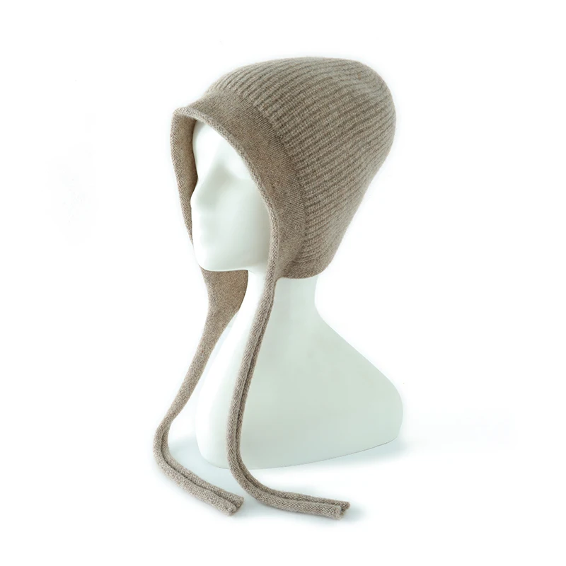 

Осень-зима, шапка из 100% чистой шерсти, шапка с закрученным краем и завязкой на голову, теплая вязаная шапка с защитой ушей, модная вязаная шапка